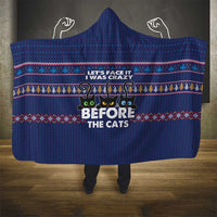 Crazy Cat Lover Hooded Blanket with Black Cats and Funny Quote in Blue Holiday Knit Pattern Design - Wonder Print Shop