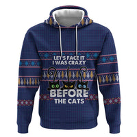 Crazy Cat Lover Hoodie with Black Cats and Funny Quote in Blue Holiday Knit Pattern Design - Wonder Print Shop