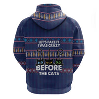 Crazy Cat Lover Hoodie with Black Cats and Funny Quote in Blue Holiday Knit Pattern Design - Wonder Print Shop