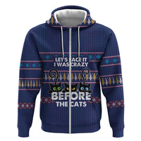 Crazy Cat Lover Hoodie with Black Cats and Funny Quote in Blue Holiday Knit Pattern Design - Wonder Print Shop