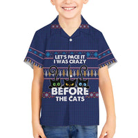 Crazy Cat Lover Kid Hawaiian Shirt with Black Cats and Funny Quote in Blue Holiday Knit Pattern Design - Wonder Print Shop