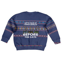 Crazy Cat Lover Kid Ugly Christmas Sweater with Black Cats and Funny Quote in Blue Holiday Knit Pattern Design - Wonder Print Shop