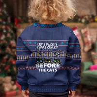 Crazy Cat Lover Kid Ugly Christmas Sweater with Black Cats and Funny Quote in Blue Holiday Knit Pattern Design - Wonder Print Shop