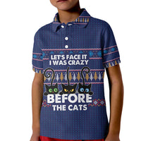 Crazy Cat Lover Kid Polo Shirt with Black Cats and Funny Quote in Blue Holiday Knit Pattern Design - Wonder Print Shop