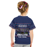 Crazy Cat Lover Kid T Shirt with Black Cats and Funny Quote in Blue Holiday Knit Pattern Design - Wonder Print Shop