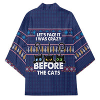 Crazy Cat Lover Kimono with Black Cats and Funny Quote in Blue Holiday Knit Pattern Design - Wonder Print Shop