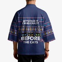 Crazy Cat Lover Kimono with Black Cats and Funny Quote in Blue Holiday Knit Pattern Design - Wonder Print Shop