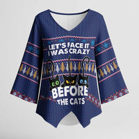 Crazy Cat Lover Kimono Sleeve Blouse with Black Cats and Funny Quote in Blue Holiday Knit Pattern Design - Wonder Print Shop