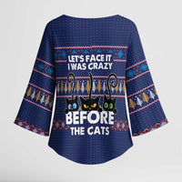 Crazy Cat Lover Kimono Sleeve Blouse with Black Cats and Funny Quote in Blue Holiday Knit Pattern Design - Wonder Print Shop