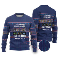 Crazy Cat Lover Ugly Christmas Sweater with Black Cats and Funny Quote in Blue Holiday Knit Pattern Design - Wonder Print Shop
