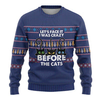Crazy Cat Lover Ugly Christmas Sweater with Black Cats and Funny Quote in Blue Holiday Knit Pattern Design - Wonder Print Shop