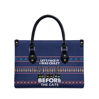 Crazy Cat Lover Leather Bag with Black Cats and Funny Quote in Blue Holiday Knit Pattern Design - Wonder Print Shop