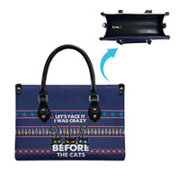 Crazy Cat Lover Leather Bag with Black Cats and Funny Quote in Blue Holiday Knit Pattern Design - Wonder Print Shop