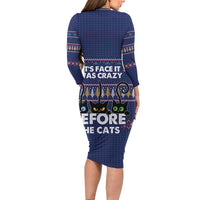 Crazy Cat Lover Long Sleeve Bodycon Dress with Black Cats and Funny Quote in Blue Holiday Knit Pattern Design - Wonder Print Shop