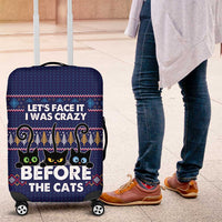Crazy Cat Lover Luggage Cover with Black Cats and Funny Quote in Blue Holiday Knit Pattern Design - Wonder Print Shop