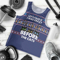 Crazy Cat Lover Men Tank Top with Black Cats and Funny Quote in Blue Holiday Knit Pattern Design - Wonder Print Shop