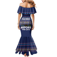 Crazy Cat Lover Mermaid Dress with Black Cats and Funny Quote in Blue Holiday Knit Pattern Design - Wonder Print Shop