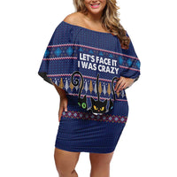 Crazy Cat Lover Off Shoulder Short Dress with Black Cats and Funny Quote in Blue Holiday Knit Pattern Design - Wonder Print Shop