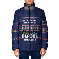 Crazy Cat Lover Padded Jacket with Black Cats and Funny Quote in Blue Holiday Knit Pattern Design - Wonder Print Shop