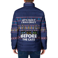 Crazy Cat Lover Padded Jacket with Black Cats and Funny Quote in Blue Holiday Knit Pattern Design - Wonder Print Shop
