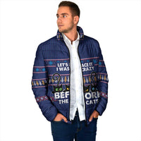 Crazy Cat Lover Padded Jacket with Black Cats and Funny Quote in Blue Holiday Knit Pattern Design - Wonder Print Shop