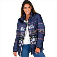 Crazy Cat Lover Padded Jacket with Black Cats and Funny Quote in Blue Holiday Knit Pattern Design - Wonder Print Shop