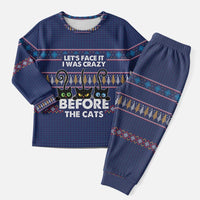 Crazy Cat Lover Christmas Pajama Set with Black Cats and Funny Quote in Blue Holiday Knit Pattern Design - Wonder Print Shop