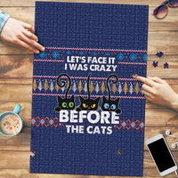 Crazy Cat Lover Puzzle with Black Cats and Funny Quote in Blue Holiday Knit Pattern Design - Wonder Print Shop
