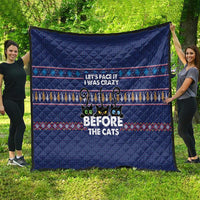 Crazy Cat Lover Quilt with Black Cats and Funny Quote in Blue Holiday Knit Pattern Design - Wonder Print Shop