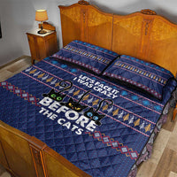 Crazy Cat Lover Quilt Bed Set with Black Cats and Funny Quote in Blue Holiday Knit Pattern Design - Wonder Print Shop