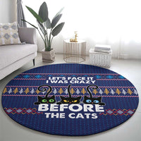 Crazy Cat Lover Round Carpet with Black Cats and Funny Quote in Blue Holiday Knit Pattern Design - Wonder Print Shop