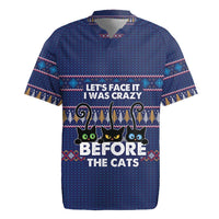 Crazy Cat Lover Rugby Jersey with Black Cats and Funny Quote in Blue Holiday Knit Pattern Design - Wonder Print Shop