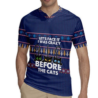Crazy Cat Lover Rugby Jersey with Black Cats and Funny Quote in Blue Holiday Knit Pattern Design - Wonder Print Shop