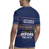 Crazy Cat Lover Rugby Jersey with Black Cats and Funny Quote in Blue Holiday Knit Pattern Design - Wonder Print Shop