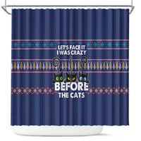 Crazy Cat Lover Shower Curtain with Black Cats and Funny Quote in Blue Holiday Knit Pattern Design - Wonder Print Shop
