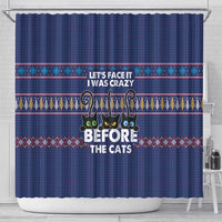 Crazy Cat Lover Shower Curtain with Black Cats and Funny Quote in Blue Holiday Knit Pattern Design - Wonder Print Shop