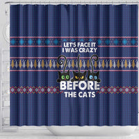 Crazy Cat Lover Shower Curtain with Black Cats and Funny Quote in Blue Holiday Knit Pattern Design - Wonder Print Shop