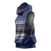 Crazy Cat Lover Sleeveless Hoodie with Black Cats and Funny Quote in Blue Holiday Knit Pattern Design - Wonder Print Shop