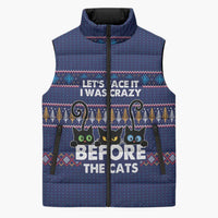 Crazy Cat Lover Sleeveless Puffer Jacket with Black Cats and Funny Quote in Blue Holiday Knit Pattern Design - Wonder Print Shop