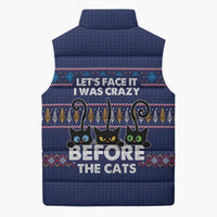 Crazy Cat Lover Sleeveless Puffer Jacket with Black Cats and Funny Quote in Blue Holiday Knit Pattern Design - Wonder Print Shop