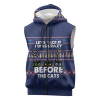 Crazy Cat Lover Sleeveless Zip Hoodie with Black Cats and Funny Quote in Blue Holiday Knit Pattern Design - Wonder Print Shop