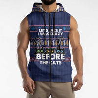 Crazy Cat Lover Sleeveless Zip Hoodie with Black Cats and Funny Quote in Blue Holiday Knit Pattern Design - Wonder Print Shop