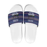 Crazy Cat Lover Slide Sandals with Black Cats and Funny Quote in Blue Holiday Knit Pattern Design - Wonder Print Shop