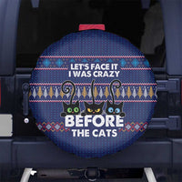 Crazy Cat Lover Spare Tire Cover with Black Cats and Funny Quote in Blue Holiday Knit Pattern Design - Wonder Print Shop