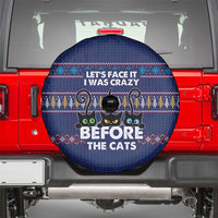 Crazy Cat Lover Spare Tire Cover with Black Cats and Funny Quote in Blue Holiday Knit Pattern Design - Wonder Print Shop