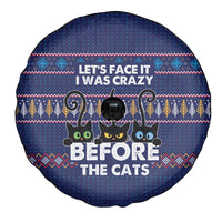 Crazy Cat Lover Spare Tire Cover with Black Cats and Funny Quote in Blue Holiday Knit Pattern Design - Wonder Print Shop