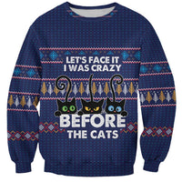 Crazy Cat Lover Sweatshirt with Black Cats and Funny Quote in Blue Holiday Knit Pattern Design - Wonder Print Shop