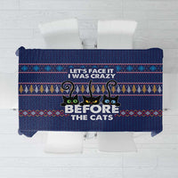 Crazy Cat Lover Tablecloth with Black Cats and Funny Quote in Blue Holiday Knit Pattern Design - Wonder Print Shop