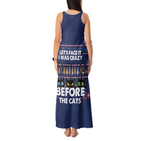 Crazy Cat Lover Tank Maxi Dress with Black Cats and Funny Quote in Blue Holiday Knit Pattern Design - Wonder Print Shop