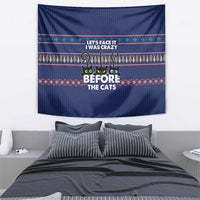 Crazy Cat Lover Tapestry with Black Cats and Funny Quote in Blue Holiday Knit Pattern Design - Wonder Print Shop